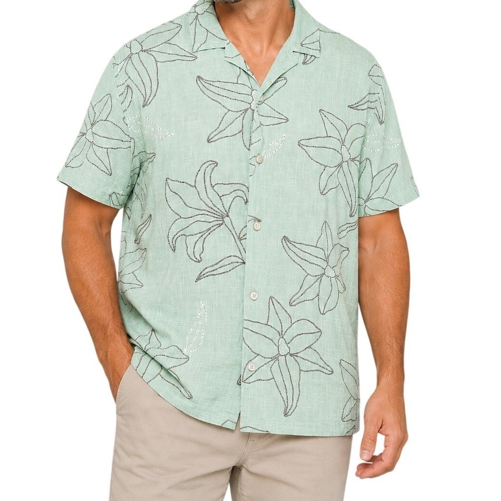 Folk Mint‎ Green Short Sleeve Linen Blend Floral Print Shirt Men's Large